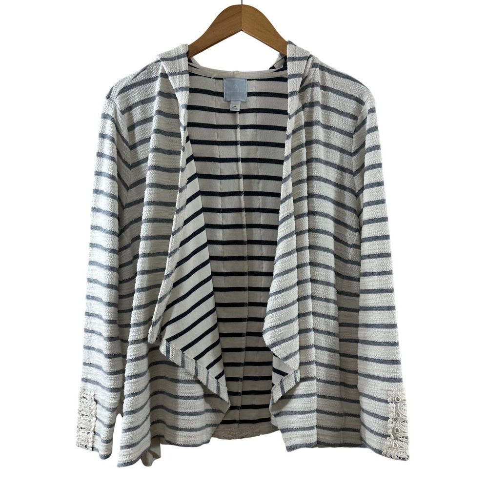 Sunday Anthropologie Women XL Striped Hooded‎ Open Front Cardigan Crochet Lace